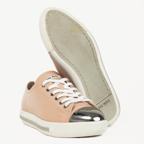 Miu Miu Nude Patent-Leather Cap-Toe Lace-Up Sneakers - Picture 4 of 12